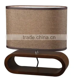 North European Style Vintage Wooden Base Table Lamp, Brown Linen Lamp Shade, Oval Brown Wood Base thumbnail-1