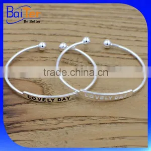 Custom Ball End Silver Signature Engravable Bar Cuff Bangle Bracelet thumbnail-1