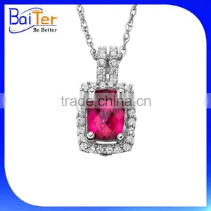Fashion White Gold Plated 3 Three Stones Cubic Zircon CZ Genuine 925 Sterling Silver Lab Created Ruby Pendant thumbnail-5