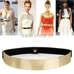 NEW Women Elastic Metal Waist Belt Metallic Bling Gold Plate Slim Simple Band thumbnail-1