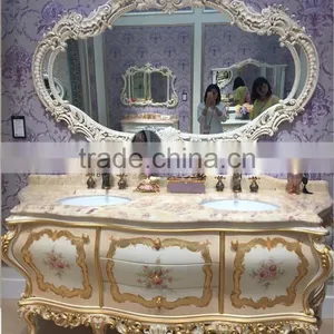 Elegant Floral Painting Bathroom Vanity With Double Sink, Carved Wooden Sanitary Ware Furniture Bathroom Cabinet With Marble Top thumbnail-1