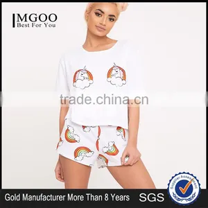 CFull Print Funny Design Women Pyjama Set Unicorn Rainbow White PJ Set Custom Design Ladies Pajama Set thumbnail-1