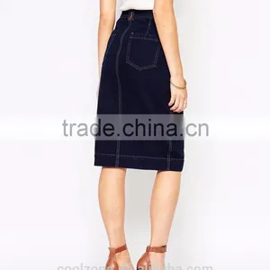 Latest Skirt Design Button Through Denim Skirt Lady Midi Skirt thumbnail-3