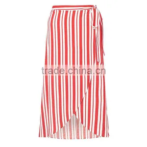 New Fashion Side Tie Red and White Striped Long Wrap Skirt for Girl thumbnail-6