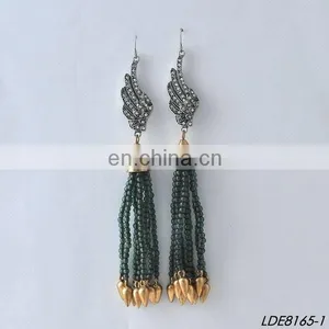 Long Beaded Bridal Tassel Earrings Post Earrings in Turquoise Statement Seed Beads Earclip Dangle Earstuds Bridesmaid Earring thumbnail-3