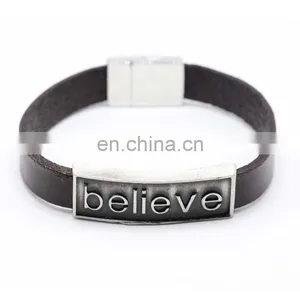 Stainless Steel and Black PU Leather Bangle Bracelets for Men 2017 thumbnail-4