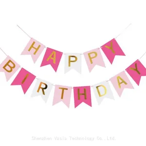 Pink Blue Birthday Banners Shimmering Gold Letters Fishtail for Party Wall Decor thumbnail-5