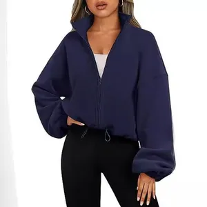 Women's 100% Polyester Stand Collar Cropped Polar Fleece Full Zip Jacket thumbnail-1