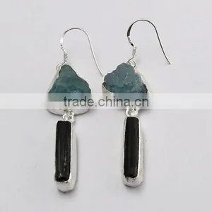 New Style Rough Aquamarine & Black Onyx 925 Sterling Silver Earring, 925 Stamped Silver Jewelry, Buy Silver Jewelry thumbnail-2