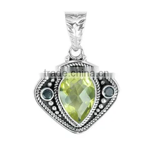 Handmade 925 Sterling Silver Pear Checker Cut Lemon Quartz & Round Smoky Quartz Pendant Jewelry thumbnail-1