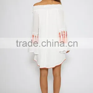 Hot-selling Off Shoulder Butterfly Sleeve Embroidered Stitch Tunic Dress thumbnail-5