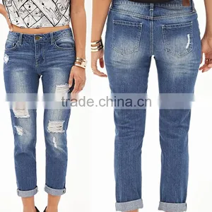 2014 Jeans Manufacturers China Wholesale Blue Distressed Denim Pants Sexy Cheap Designer Jeans With Five-pocket thumbnail-1