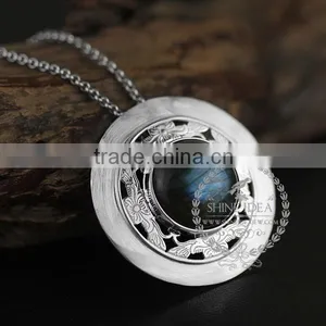 925 Sterling Silver Round Labradorite Carving Flower Tray Fashion Women Neceklace 6360482 thumbnail-1