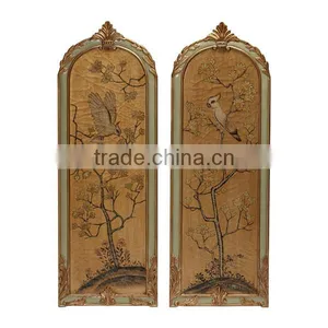 A Pair of Antique Gold Hanging Wall Picture,Noble Floral Painted Wood Decorative Wall Painting, Classic Drawing Hanging Wall Art thumbnail-1