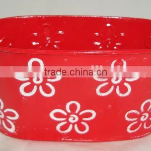 RED COLOR WITH WHITE FLOWER DECO TIN POT thumbnail-1