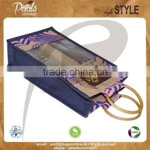 PP Laminated Jute Two Bottle Wine Bag With Window & With Wooden Cane Handle With Inside Partition thumbnail-3