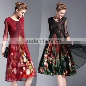 Grace Flower Printed False Two Pieces Draped Retro Vintage Dress for Lady thumbnail-1