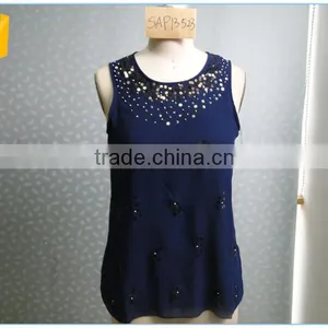 Round Neck Navy Chiffon Summer Loose Tank Top thumbnail-1