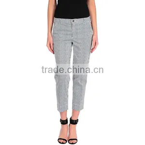 Sexy Women Grey Tapered Leg Cropped Chino Trousers Above Ankle Railroad Stripe Pants P0018 thumbnail-1