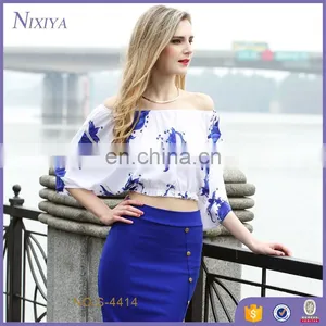Ladies Crop Top Blue Floral Print Off Shoulder Tops thumbnail-1