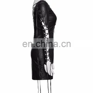 Punk Rave Gothic Fetish Black Slim Synthetic Leather Dress With Deep V-cuts Q-312 thumbnail-2