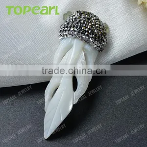 Topearl Jewelry Charm Leaf White Shell Pendant Rhinestones Clay Pave Pendant Designs for Women SPD02 thumbnail-3