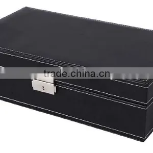 Black Leather Jewelry Box Watch Organizer Storage Case With Lock & Mirror thumbnail-2