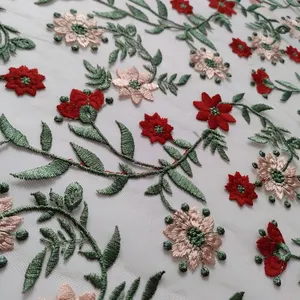 XF6056 Floral Embroidered Fabric Colorful Plants Tulle Embroidery Fabric thumbnail-1