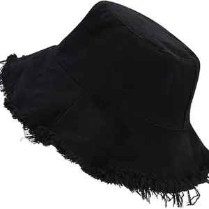 Unisex Vintage Fray Brim Bucket Hat Solid Color Cotton Outdoor Sun Hat Custom Print Logo Streetwear Fisherman Cap Bulk Supply thumbnail-2