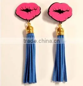 Blue Hot Pink PU Leather Tassel Lips Dangle Earrings 2016 New Arrival Brincos Longos For Women thumbnail-3