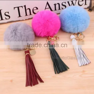 Custom Logo Genuine Leather Tassel Rabbit Fur Key Chain Pom Pom Fur Keychain thumbnail-1