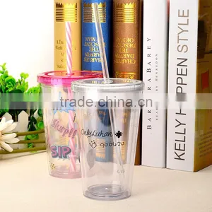 2016 New Fashion Luxury 500ml Double Wall Insulated Beach Plastic Cup With Straw thumbnail-2
