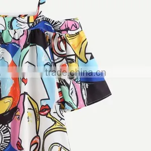 2017 New Designs Off Shoulder Printed Character Pattern Ladies Short Sleeve Blouses thumbnail-3