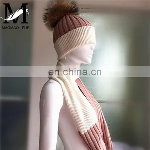 Wool Flat Knitting Beanie Pompom Hat Fashionable Lady Scarves One Piece Hat and Scarf thumbnail-4