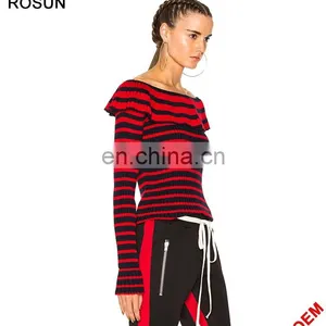 Fashion Red and White Strips off Shoulder Knit Sweater Top thumbnail-3