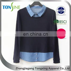 Women's Long Sleeve Top With Denim Neckline thumbnail-1