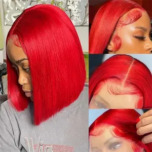Red Short Bob Wig 13X4 Lace Front Human Hair Wigs For Women Brazilian Transparent Human Hair Wig Straight Colored Remy Hai thumbnail-2