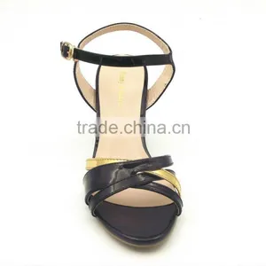 Color Matching Thick Heel Italian Leather Middle Heel Sandals Ladies Gold With Black thumbnail-3