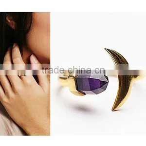 Natural Amethyst With Gold Moon Tiny Natural Stone Ring for Valentine's Day New Year thumbnail-2