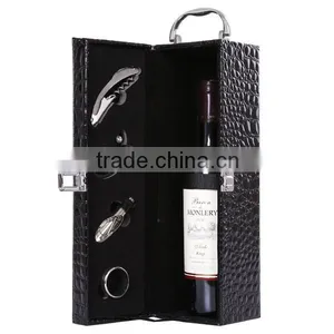 Hot Sale 2 Bottles With Tools And Lock Black Embossing Leather Wine Gift Boxes thumbnail-2