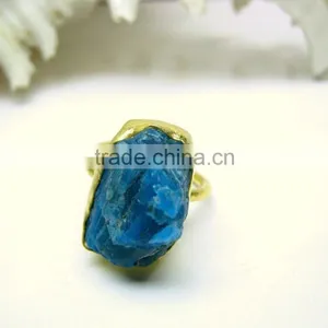 Neon Apatite Vermeil Rough Natural Gemstones Ring, Matt Finish Adjustable Rings, 925 Solid Sterling Silver Rings thumbnail-3