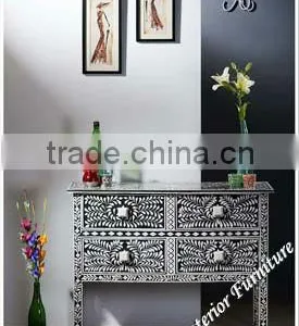 Black Bone Console Table- Inlay Four Drawer Console Table thumbnail-1