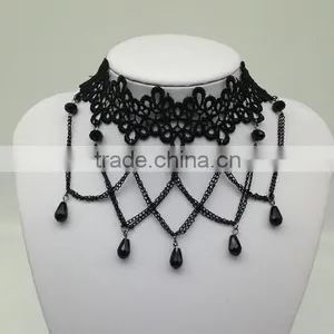 Women Gothic Black Beads Drop Lace Choker Collar Retro Chain Tassel Necklace thumbnail-2