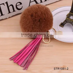 Custom Logo Genuine Leather Tassel Rabbit Fur Key Chain Pom Pom Fur Keychain thumbnail-4