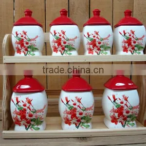 Red Morning Glory Decal Ceramic 7 PCs Canisters With Red Lid and Wooden Stand thumbnail-1