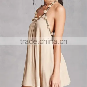 Good Quality V-neckline Embroidered Detailing Pom Pom Halter Dress thumbnail-6
