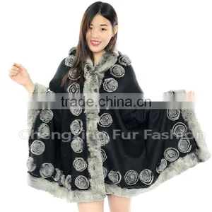 CX-B-P-40E Rostte Ladies Genuine Rex Rabbit Fur Trimmed Pashmina Shawls thumbnail-1