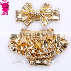 Infant Baby Solid Gold Metallic Bloomer Shorts Ruffle Girls Bloomer With Headband Set thumbnail-4