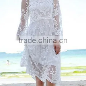 EY0040A New Arrival Women Beach Wear Fashion Long Sleeve Sexy Short Mini White Lace Dress thumbnail-1