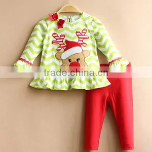Girls Clothing Wholesale Latest Professional Design for Girl Christmas Green Striped Embroidered Reindeer Set thumbnail-1